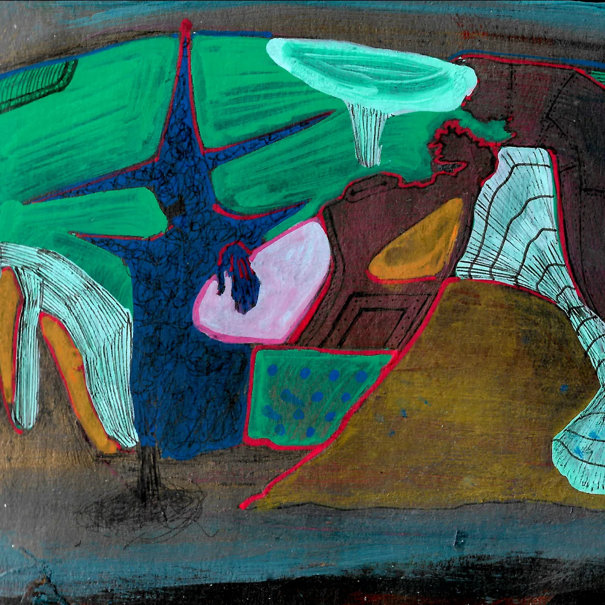 TATAKAI cover: a hand-painted landscape in green, ochre and deep blue with red outlines